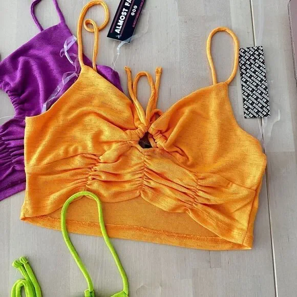 NWT Crop Top Bundle Womens Large Summer Neon Color Cut Out Slinky Fabric 3 Piece - Picture 5 of 7